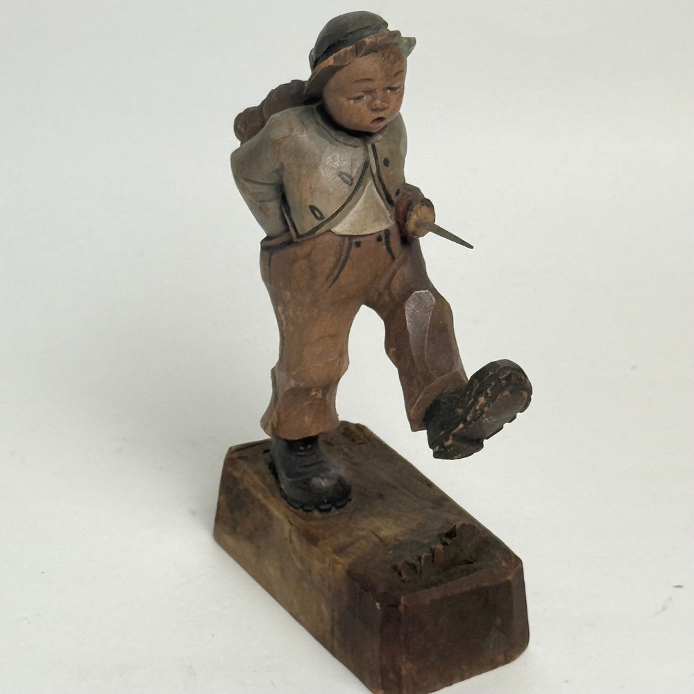 Vintage Hand Carved Wood Figurineβ Boy Wanderer with Basket Umbrella Folk Art 5"